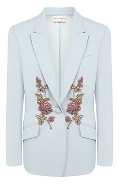 Женский жакет из смеси шерсти и шелка ALEXANDER MCQUEEN голубого цвета, арт. 585790/QJAAA | Фото 1 (Рукава: Длинные; Длина (для топов): Удлиненные; Статус проверки: Проверено, Проверена категория; Материал внешний: Шерсть; Случай: Вечерний, Формальный; 1-2-бортные: Однобортные; Женское Кросс-КТ: Жакет-одежда)
