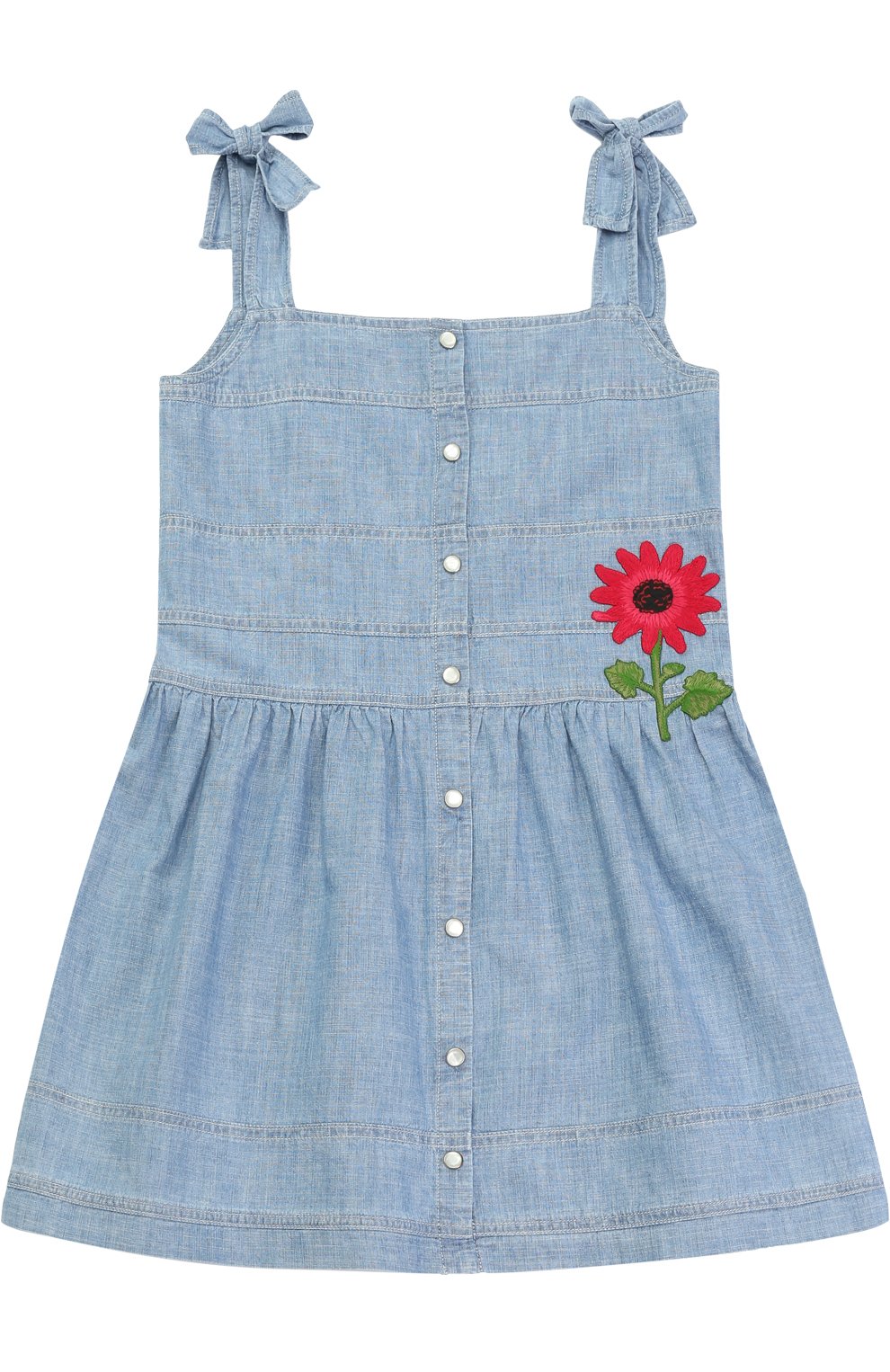 Хлопковый сарафан с аппликацией и декоративными бантами GUCCI голубого цвета по цене 46600 руб., арт. 457161/XR513, фото 1 Хлопковый сарафан с аппликацией и декоративными бантами GUCCI, арт. 457161/XR513, фото 1