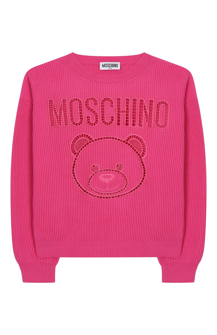 Детский хлопковый пуловер MOSCHINO фуксия цвета, арт. HUW019/LHE60/4-8 | Фото 1 (Рукава: Длинные; Материал внешний: Хлопок; Девочки Кросс-КТ: Пуловер-одежда; Тематический товар: Teddy Bear; Автоматизация ТО: Проставлено; Автоматизация состава: Проставлено; Ростовка одежда: 4 года | 104 см, 5 лет | 110 см, 6 лет | 116 см, 8 лет | 128 см)