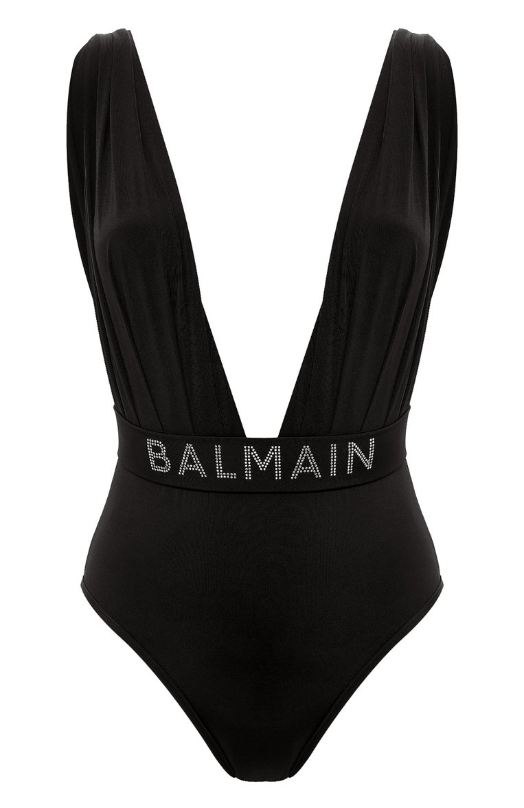 Женский слитный купальник BALMAIN черного цвета, арт. BKBU71790 | Фото 1 (Материал внешний: Синтетический материал; Длина Ж (юбки, платья, шорты): Мини; Женское Кросс-КТ: Сл�итные купальники)