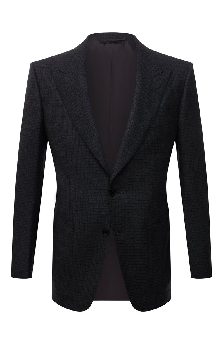 Мужской шерстяной пиджак TOM FORD темно-серого цвета, арт. 322R60/11HA40 | Фото 1 (Длина (для топов): Стандартные; Материал подклада: Шелк, Купро; Материал внешний: Шерсть; Рукава: Длинные; Пиджаки М: Приталенный; 1-2-бортные: Однобортные; Случай: Повседневный; Стили: Кэжуэл; Драгоценные камни: Проставлено; Материал сплава: Проставлено)