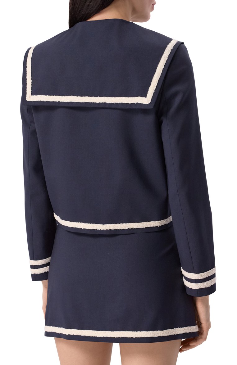 Женский шерстяной жакет MSGM синего цвета, арт. 3841MDG02/257127 | Фото 4 (Длина (для топов): Стандартные; Драгоценные камни: Проставлено; Рукава: Длинные; Материал внешний: Шерсть; Материал сплава: Проставлено; Женское Кросс-КТ: Жакет-одежда; 1-2-бортные: Однобортные; Кросс-КТ: костюм; Стили: Ретро)