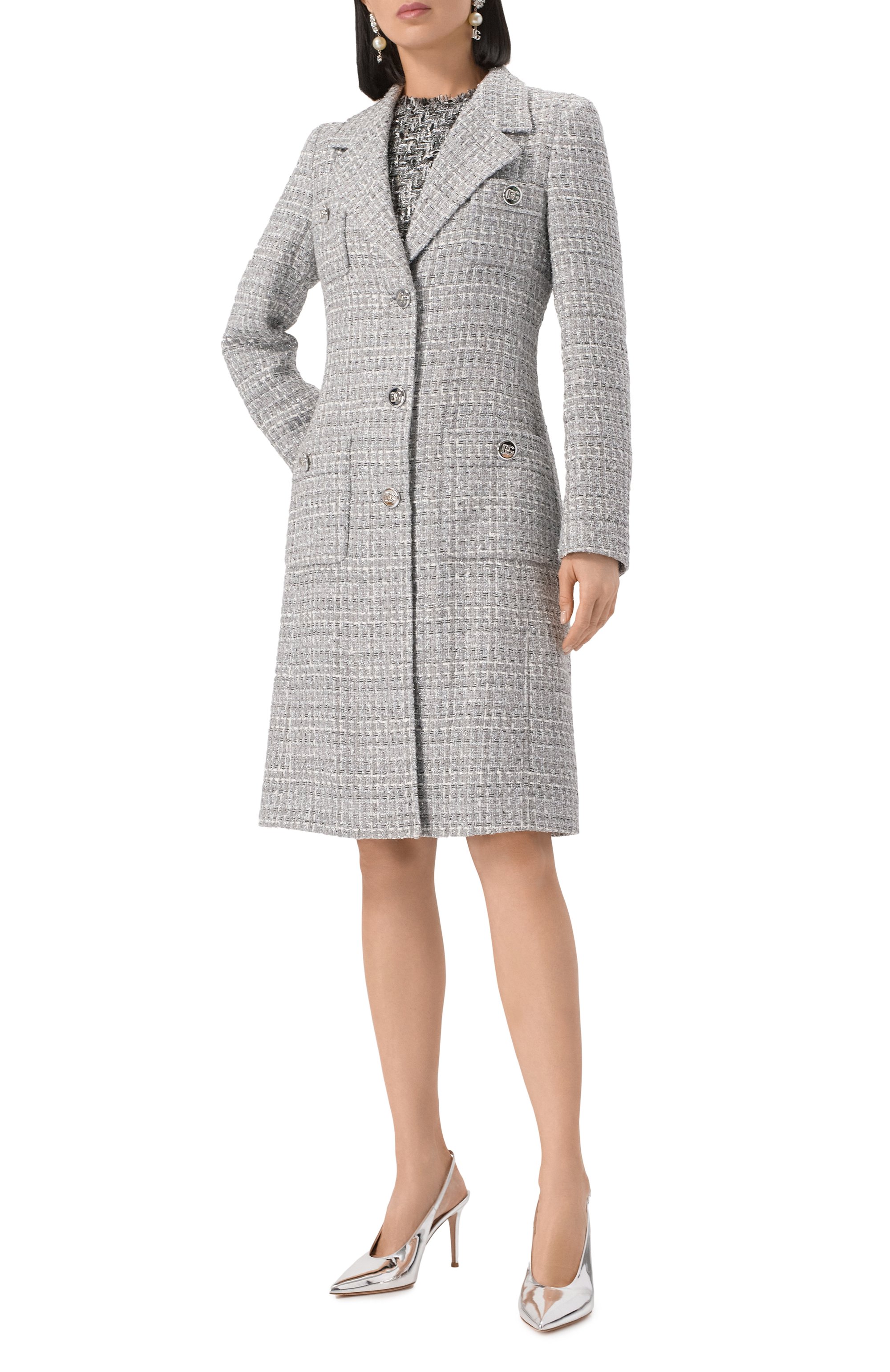 Твидовое пальто DOLCE & GABBANA светло-серого цвета по цене 499500 руб., арт. F0F1ST/FQ0AB, фото 3 Твидовое пальто DOLCE & GABBANA, арт. F0F1ST/FQ0AB, фото 3