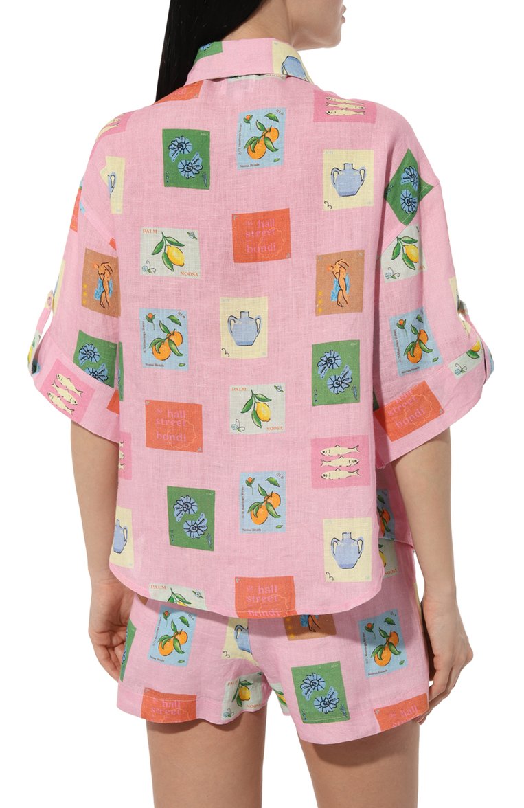 Женский льняная рубашка PALM NOOSA розового цвета, арт. MIRAGE SHIRT | Фото 4 (Материал внешний: Лен; Рукава: 3/4; Длина (для топов): Стандартные; Стили: Романтичный, Кэжуэл; Женское Кросс-КТ: Рубашка-одежда; Принт: С принтом)