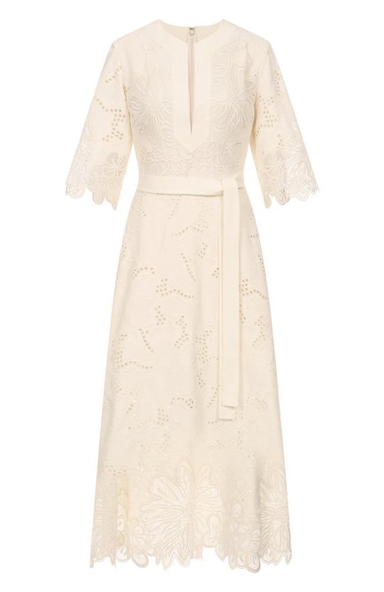 Женское платье ELIE SAAB кремвого цвета, арт. D0498 | Фото 1 (Материал сплава: Проставлено; Материал внешний: Синтетический материал, Хлопок; Рукава: 3/4; Драгоценные камни: Проставлено; Материал подклада: Хлопок; Длина Ж (юбки, платья, шорты): Миди)