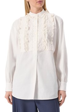 Женская блузка из хлопка и льна VALENTINO белого цвета, арт. 6B3AEAB390D | Фото 3 (Материал внешний: Лен, Хлопок; Длина (для топов): Удлиненные; Рукава: Длинные; Женское Кросс-КТ: Блуза-одежда; Принт: Без принта; Стили: Романтичный)