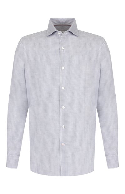 Хлопковая рубашка с воротником акула LORO PIANA синего цвета по цене 52800 руб., арт. FAI2445, фото 1 Хлопковая рубашка с воротником акула LORO PIANA, арт. FAI2445, фото 1