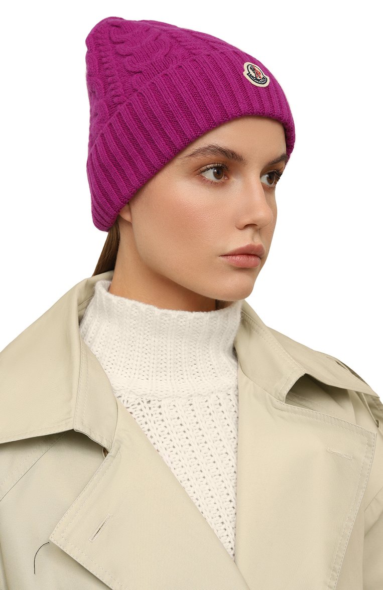 Женская шерстяная шапка MONCLER сиреневого цвета, арт. 9Z703-00-A9328 | Фото 2 (Материал сплава: Проставлено; Материал: Шерсть, Текстиль, Кашемир; Нос: Не проставлено)