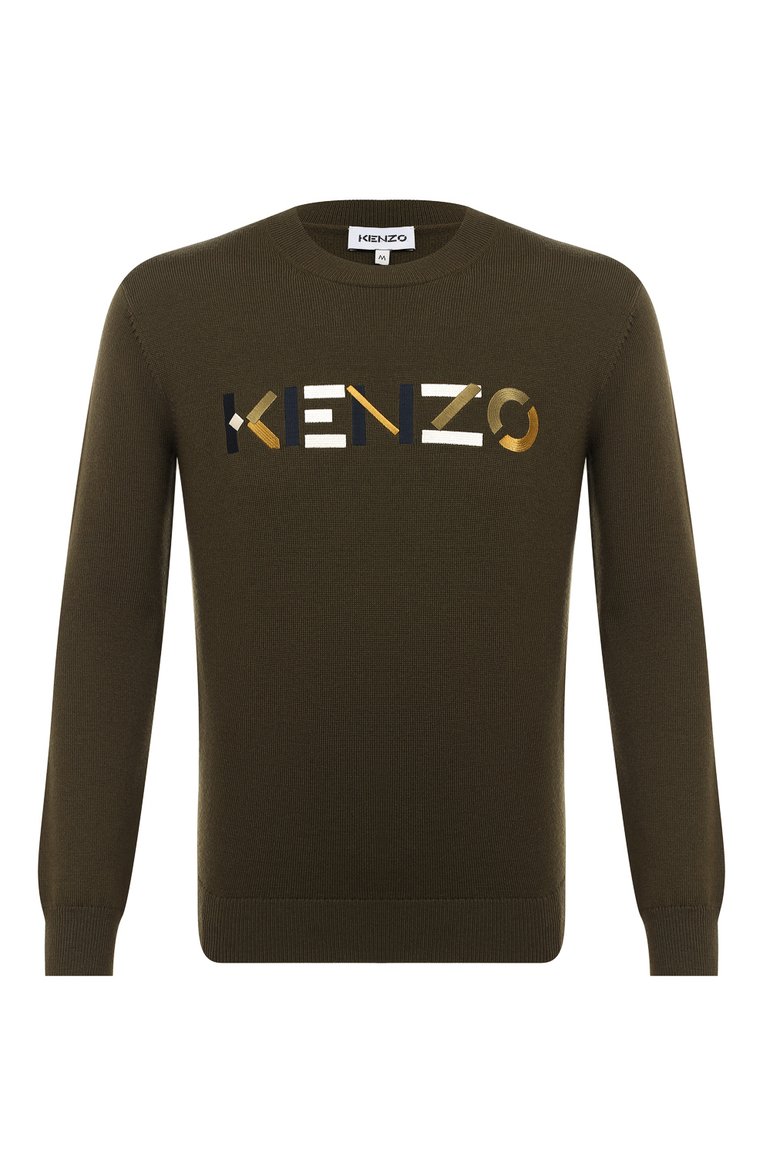 Мужской шерстяной джемпер KENZO хаки цвета, арт. FA65PU5413LA | Фото 1 (Рукава: Длинные; Длина (для топов): Стандартные; Материал внешний: Шерсть; Мужское Кросс-КТ: Джемперы; Принт: С принтом; Вырез: Круглый; Стили: Кэжуэл)