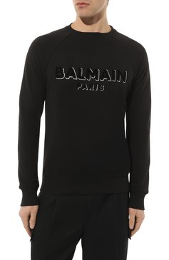 Мужской хлопковый свит�шот BALMAIN черного цвета, арт. CH1JQ005/BB99 | Фото 3 (Рукава: Длинные; Длина (для топов): Стандартные; Принт: С принтом; Мужское Кросс-КТ: свитшот-одежда; Материал сплава: Проставлено; Материал внешний: Хлопок; Стили: Спорт-шик; Драгоценные камни: Проставлено)