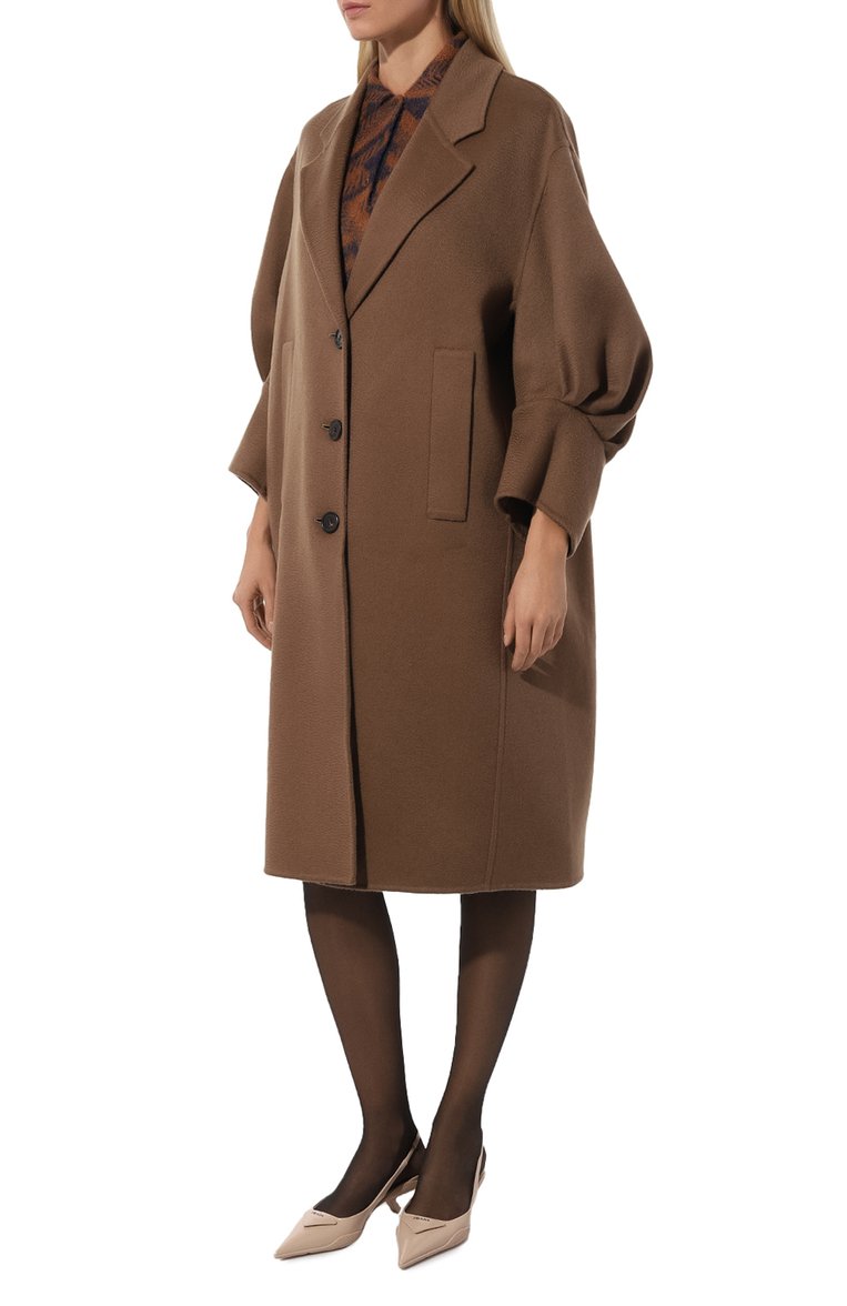 Женское кашемировое пальто PRADA бежевого цвета, арт. P682O-1XON-F0040-212 | Фото 3 (Длина (верхняя одежда): До колена; Материал внешний: Шерсть, Кашемир; Рукава: Длинные; 1-2-бортные: Однобортные; Стили: Кэжуэл)