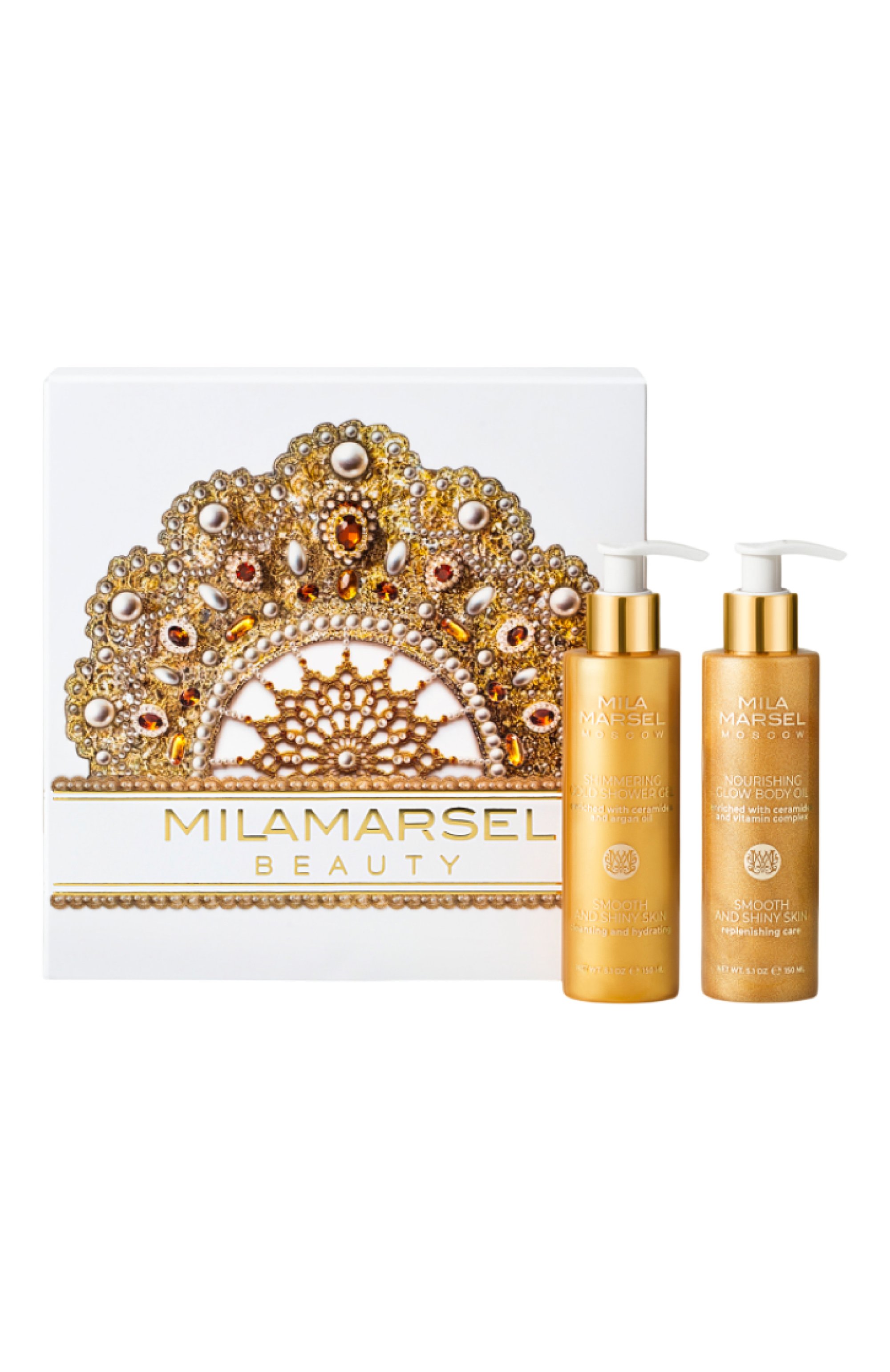 Подарочный набор для ухода за телом «золотое сияние» (2x150ml) MILAMARSEL бесцветного цвета по цене 9800 руб., арт. 4630225092496, фото 1 Подарочный набор для ухода за телом «золотое сияние» (2x150ml) MILAMARSEL, арт. 4630225092496, фото 1