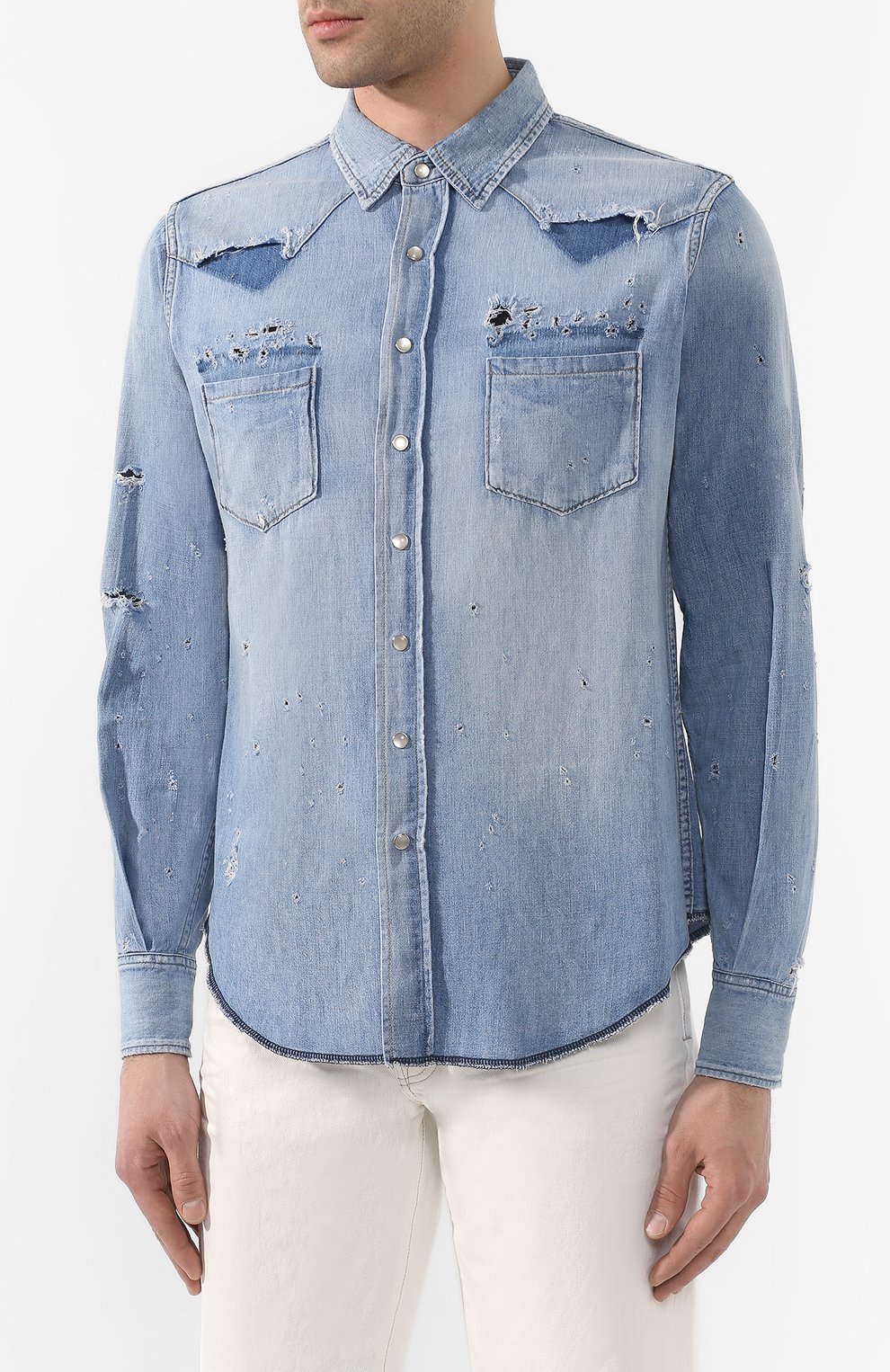 Джинсовая рубашка SAINT LAURENT голубого цвета по цене 89600 руб., арт. 601702/Y880G, фото 3 Джинсовая рубашка SAINT LAURENT, арт. 601702/Y880G, фото 3