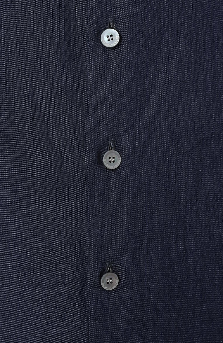 Мужская хлопковая рубашка GIORGIO ARMANI темно-синего цвета, арт. GM001509/AF15417 | Фото 6 (Драгоценные камни: Проставлено; Рукава: Длинные; Длина (для топов): Стандартные; Материал внешний: Хлопок; Материал сплава: Проставлено; Манжеты: На пуговицах; Принт: Однотонные; Воротник: Кент; Случай: Повседневный; Стили: Кэжуэл)