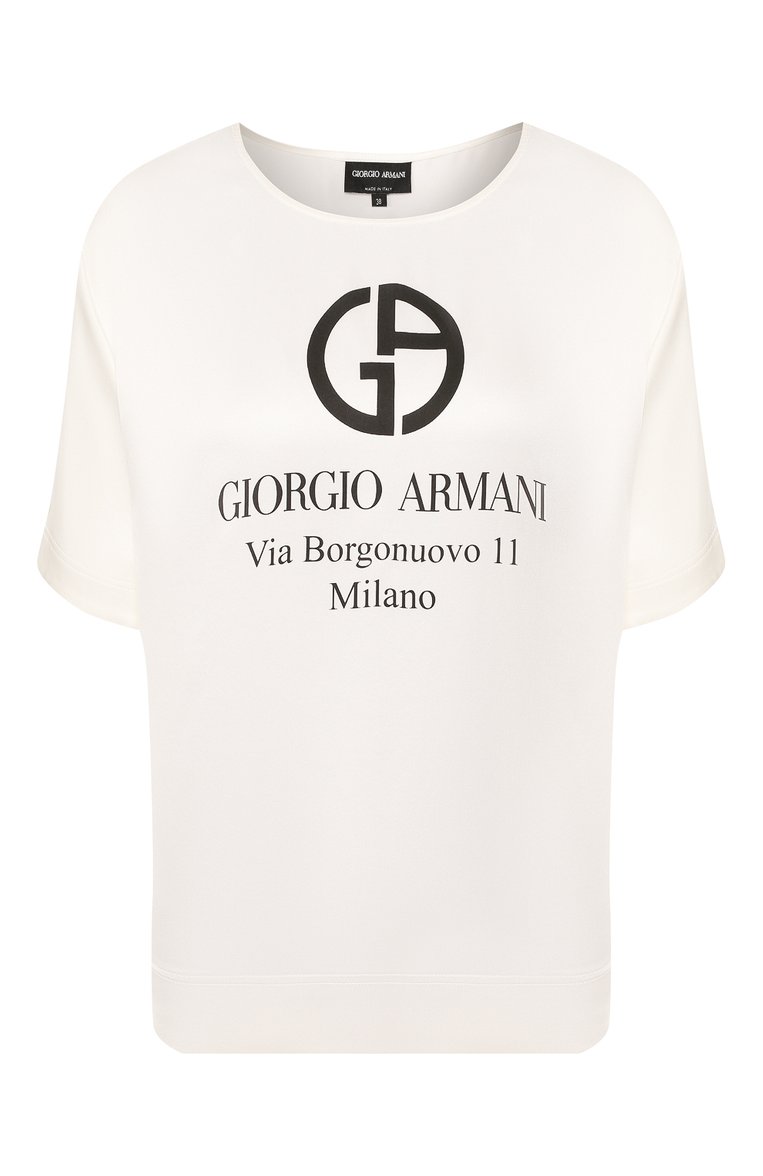 Женская шелковая футболка GIORGIO ARMANI белого цвета, арт. 0SHCCZ20/TZ500 | Фото 1 (Рукава: Короткие; Длина (для топов): Стандартные; Материал внешний: Шелк; Женское Кросс-КТ: Футболка-одежда; Стили: Кэжуэл; Принт: С принтом; Региональные ограничения белый список (Axapta Mercury): RU; Материал сплава: Проставлено; Драгоценные камни: Проставлено)