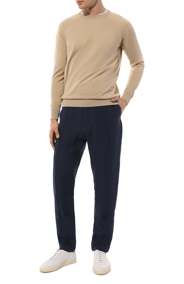 Мужские льняные брюки EMPORIO ARMANI темно-синего цвета, арт. 01P590/01448 | Фото 2 (Длина (брюки, джинсы): Стандартные; Материал внешний: Лен; Силуэт М (брюки): Чиносы; Случай: Повседневный; Стили: Кэжуэл; Автоматизация ТО: Проставлено; Автоматизация состава: Проставлено)