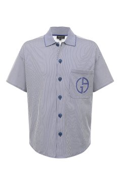 Мужская хлопковая рубашка GIORGIO ARMANI синего цвета, арт. 6RSC50/SJBPZ | Фото 1 (Рукава: Короткие; Материал внешний: Хлопок; Длина (для топов): Стандартные; Принт: Полоска; Случай: Повседневный; Воротник: Акула; Стили: Кэжуэл)