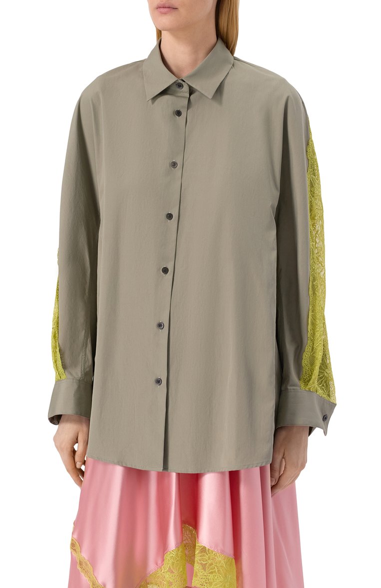 Женская хлопковая рубашка DRIES VAN NOTEN хаки цвета, арт. 251-010753-1374 | Фото 3 (Материал внешний: Хлопок; Принт: Без принта; Рукава: Длинные; Стили: Кэжуэл; Длина (для топов): Удлиненные; Женское Кросс-КТ: Рубашка-одежда; Автоматизация состава: Проставлено; Автоматизация ТО: Проставлено)