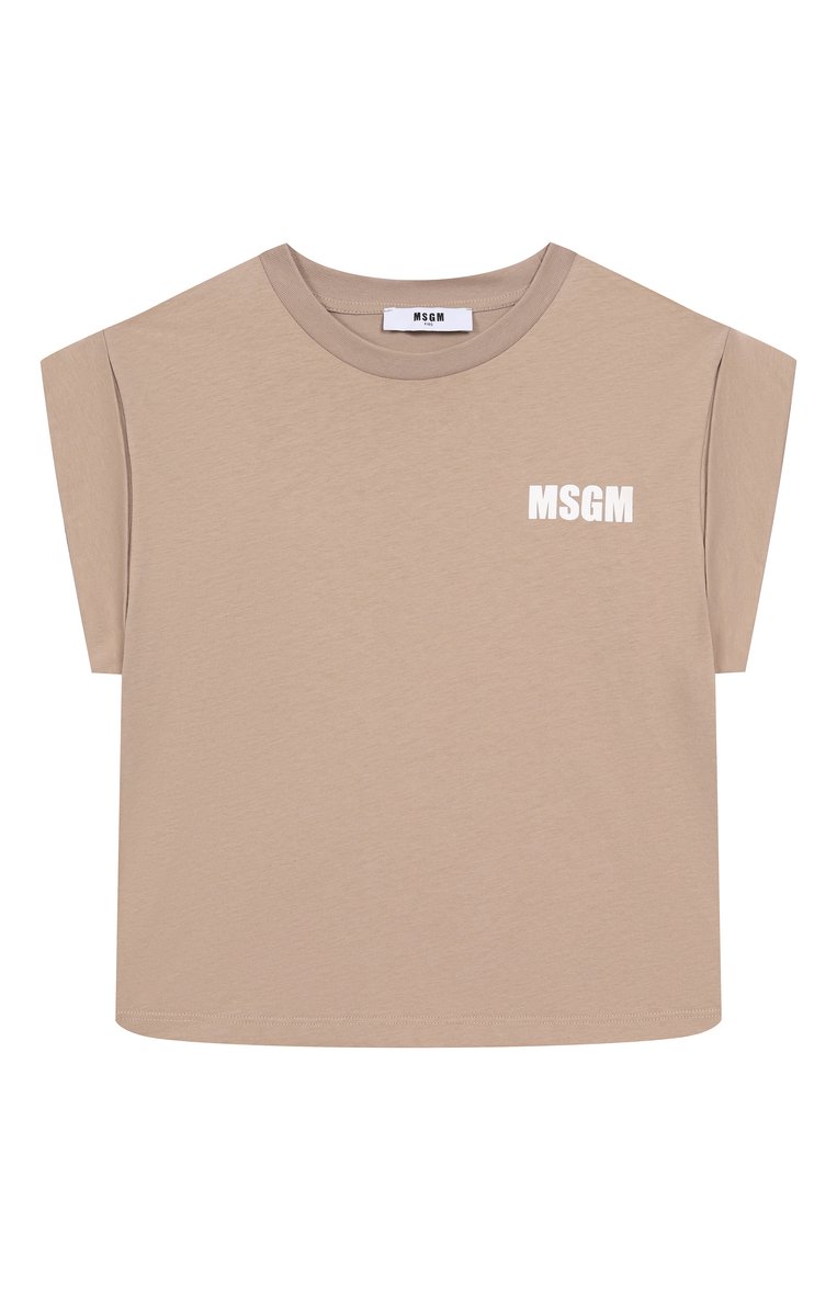 Детская хлопковая футболка MSGM KIDS бежевого цвета, арт. S5MSJGTH083 | Фото 1 (Рукава: Короткие; Материал внешний: Хлопок; Девочки Кросс-КТ: футболка-одежда, Футболка-спорт; Автоматизация состава: Проставлено; Автоматизация ТО: Проставлено; Ростовка одежда: 6 лет | 116 см, 12 лет | 152 см, 8 лет | 128 см, 10 - 11 лет | 140 - 146см, 16 лет | 164 см)