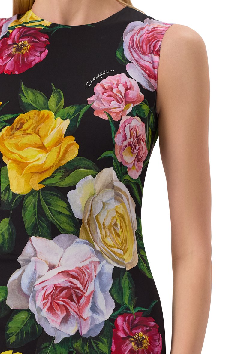 Женское шелковое платье DOLCE & GABBANA разноцветного цвета, арт. F6TMST/FSA7B | Фото 5 (Длина Ж (юбки, платья, шорты): До колена; Драгоценные камни: Проставлено; Материал сплава: Проставлено; Материал внешний: Шелк; Случай: Коктейльный; Женское Кросс-КТ: платье-футляр, Платье-одежда; Стили: Гламурный; Рукава: Без рукавов)