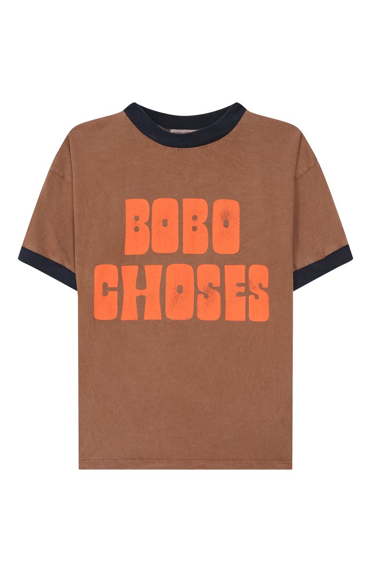 Детская хлопковая футболка BOBO CHOSES коричневого цвета, арт. B125AC124 | Фото 1 (Материал внешний: Хлопок; Рукава: Короткие; Мальчики Кросс-КТ: Футболка-одежда; Автоматизация состава: Проставлено; Автоматизация ТО: Проставлено; Ростовка одежда: 5 лет | 110 см, 6 лет | 116 см, 9 лет | 134 см, 10 - 11 лет | 140 - 146см, 13 - 15 лет | 158 см, 3 года | 98 см)