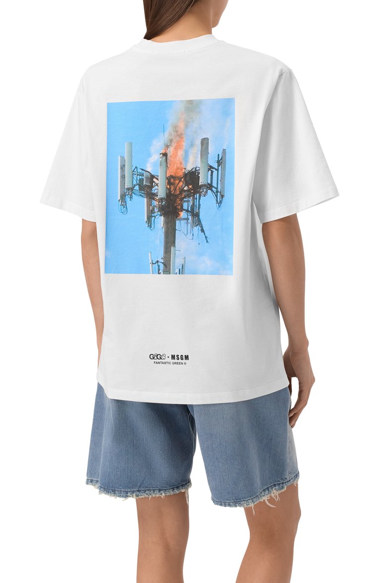 Женская хлопковая футболка MSGM белого цвета, арт. 3846MM02/257298 | Фото 4 (Рукава: Короткие; Материал внешний: Хлопок; Длина (для топов): Стандартные; Стили: Кэжуэл; Женское Кросс-КТ: Футболка-одежда; Принт: С принтом)