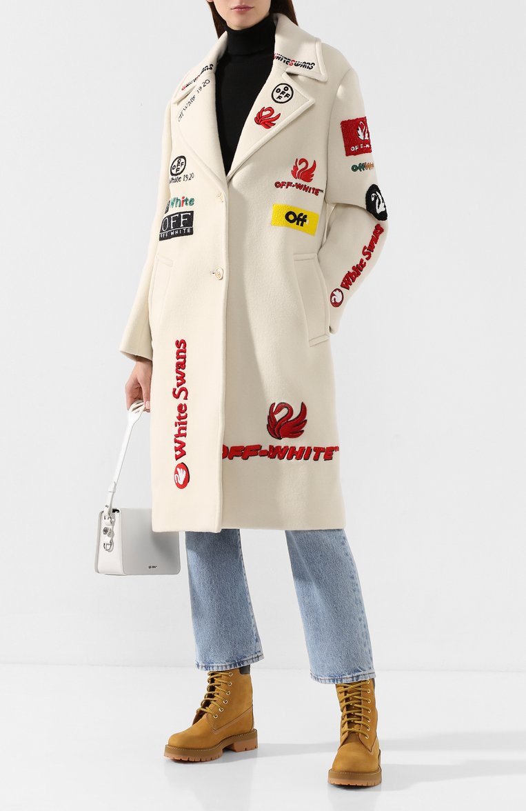 Женское шерстяное пальто OFF-WHITE белого цвета, арт. 0WEA179E19A640820288 | Фото 2 (Материал внешний: Шерсть; Рукава: Длинные; Материал подклада: Вискоза; Длина (верхняя одежда): До колена; 1-2-бортные: Однобортные; Статус проверки: Проверена категория; Материал сплава: Проставлено; Драгоценные камни: Проставлено)