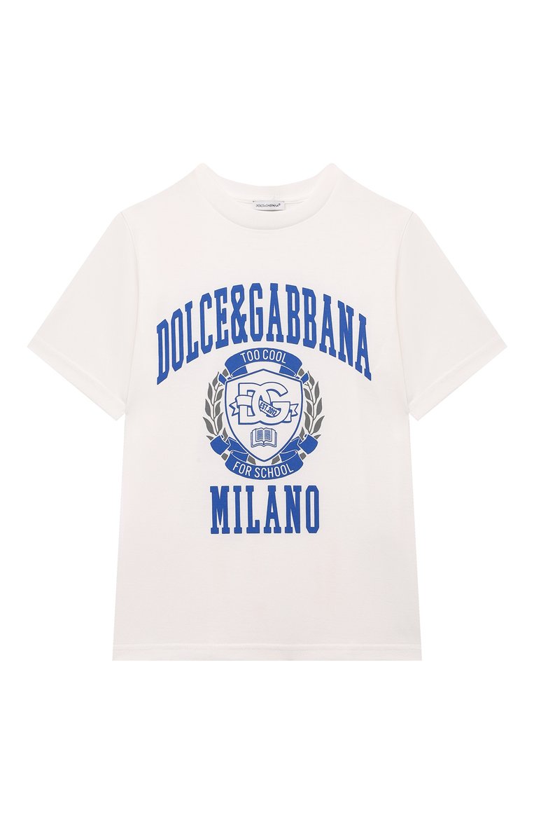 Детская хлопковая футболка DOLCE & GABBANA молочного цвета, арт. L4JTHU/G7NUV | Фото 1 (Материал сплава: Проставлено; Драгоценные камни: Проставлено; Материал внешний: Хлопок; Рукава: Короткие; Мальчики Кросс-КТ: Футболка-одежда; Ростовка одежда: 6 лет | 116 см, 10 - 11 лет | 140 - 146см, 5 лет | 110 см, 4 года | 104 см, 2 года | 92 см, 3 года | 98 см, 12 лет | 152 см, 8 лет | 128 см, 13 - 15 лет | 158 см)