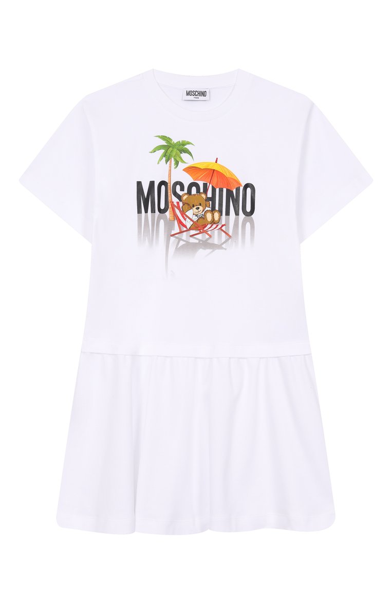 Детское хлопковое платье MOSCHINO белого цвета, арт. HDV0G7/LAA42/10-14 | Фото 1 (Рукава: Короткие; Материал внешний: Хлопок; Тематический товар: Teddy Bear; Автоматизация ТО: Проставлено; Автоматизация состава: Проставлено; Ростовка одежда: 10 - 11 лет | 140 - 146см, 12 лет | 152 см, 16 лет | 164 см)