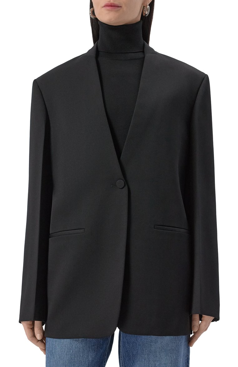Женский шерстяной жакет JIL SANDER черного цвета, арт. J04BN0108-J40021 | Фото 3 (Рукава: Длинные; Материал внешний: Шерсть; Длина (для топов): Удлиненные; 1-2-бортные: Однобортные; Женское Кросс-КТ: Жакет-одежда; Стили: Классический; Материал подклада: Вискоза)