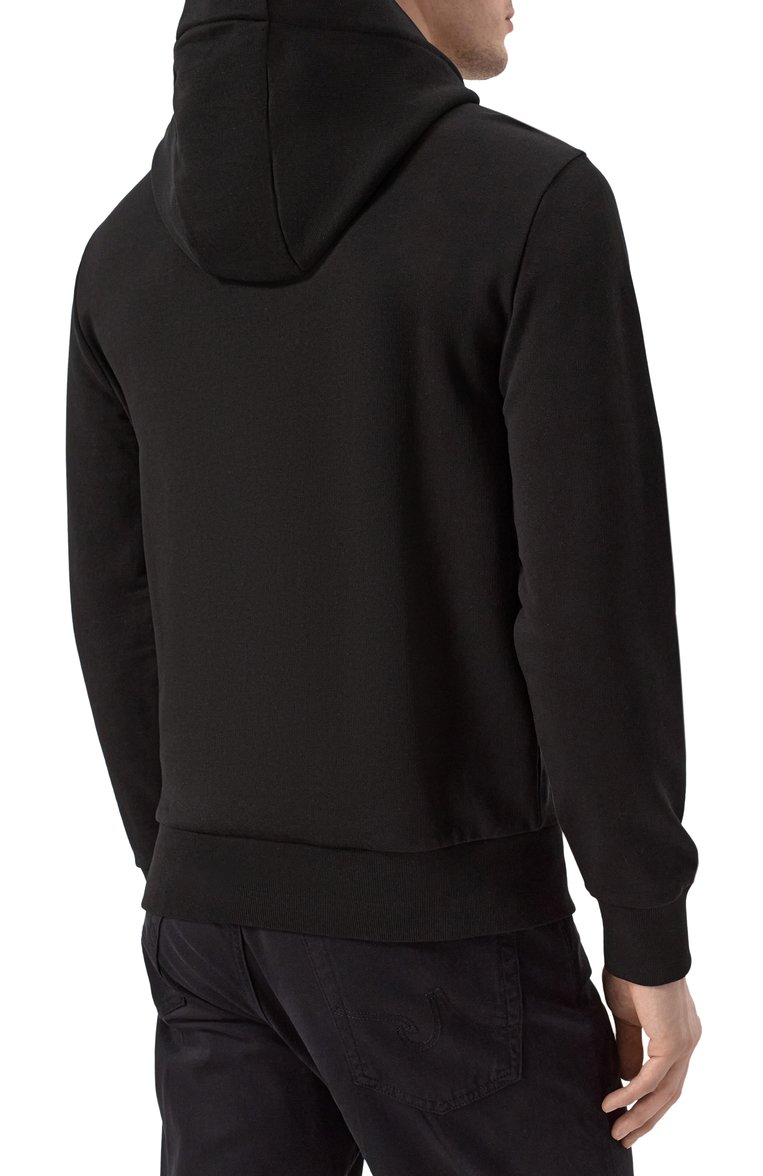 Мужской хлопковое худи MONCLER черного цвета, арт. 8G00023/809KR | Фото 4 (Длина (для топов): Стандартные; Рукава: Длинные; Материал внешний: Хлопок; Мужское Кросс-КТ: Худи-одежда; Принт: Без принта; Стили: Спорт-шик; Автоматизация состава: Проставлено; Автоматизация ТО: Проставлено; Детали: Без декора)