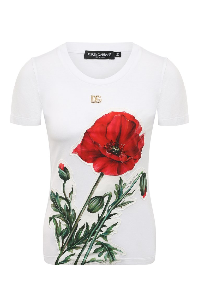 Женская хлопковая футболка DOLCE & GABBANA белого цвета, арт. F8T00Z/G7I1K | Фото 1 (Рукава: Короткие; Длина (для топов): Стандартные; Материал внешний: Хлопок; Стили: Романтичный, Кэжуэл; Принт: С принтом)