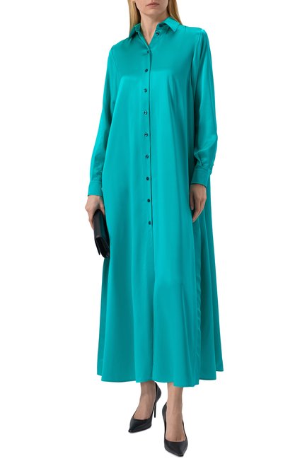 Женское атласное платье DOLCE & GABBANA бирюзового цвета, арт. F6DJPT/FU1UU | Фото 2 (Драгоценные камни: Проставлено; Материал сплава: Проставлено; Длина Ж (юбки, платья, шорты): Миди; Материал внешний: Шелк; Рукава: Длинные)