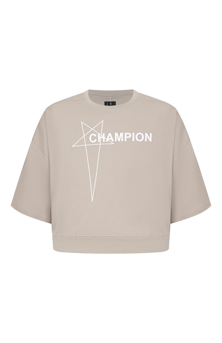 Мужская хлопковая футболка rick owens x champion RICK OWENS бежевого цвета, арт. CM01E1677/CHJG | Фото 1 (Принт: Без принта; Мужское Кросс-КТ: Футболка-одежда; Автоматизация ТО: Проставлено; Автоматизация состава: Проставлено; Детали: Декор; Длина (для топов): Стандартные; Материал внешний: Хлопок; Стили: Спорт-шик; Рукава: Короткие)
