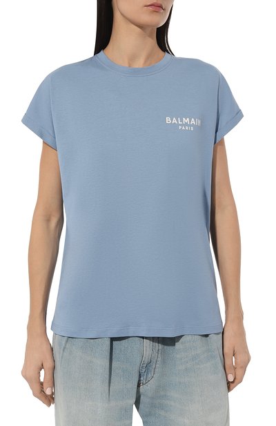 Хлопковая футболка BALMAIN голубого цвета по цене 35150 руб., арт. CF1EF010/BB01, фото 3 Хлопковая футболка BALMAIN, арт. CF1EF010/BB01, фото 3