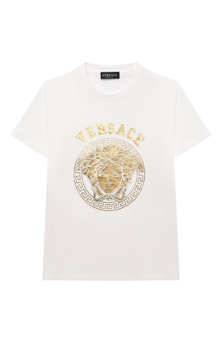 Детская хлопковая футболка VERSACE белого цвета, арт. 1000239/1A08399/4A-6A | Фото 1 (Материал сплава: Проставлено; Рукава: Короткие; Материал внешний: Хлопок; Драгоценные камни: Проставлено; Девочки Кросс-КТ: футболка-одежда)
