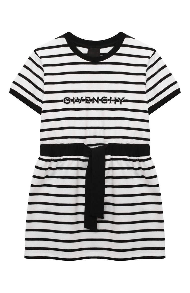 Детское хлопковое платье GIVENCHY черно-белого цвета, арт. H30043/6A-12A | Фото 1 (Материал внешний: Хлопок; Рукава: Короткие; Материал сплава: Проставлено; Драгоценные камни: Проставлено; Случай: Повседневный; Девочки Кросс-КТ: Платье-одежда; Ростовка одежда: 7 лет | 122 см, 9 лет | 134 см, 12 лет | 152 см, 5 лет | 110 см)