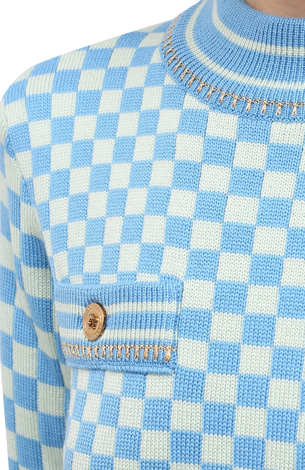 Шерстяной пуловер VERSACE голубого цвета по цене 89950 руб., арт. 1003289/1A02174, фото 5 Шерстяной пуловер VERSACE, арт. 1003289/1A02174, фото 5