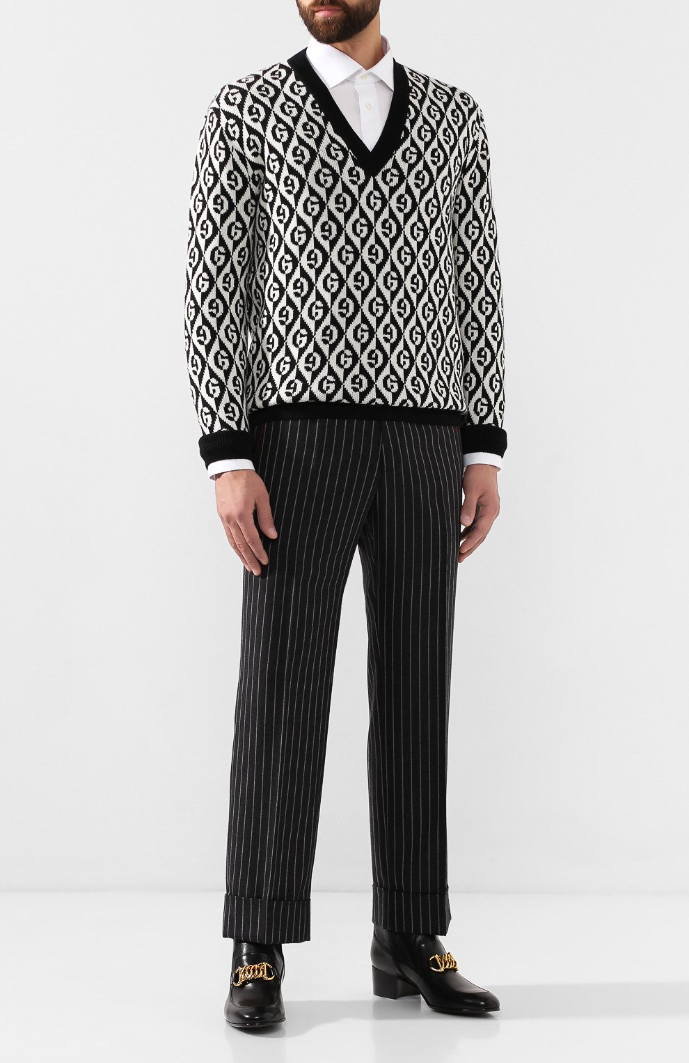 Шерстяной пуловер GUCCI черно-белого цвета по цене 69950 руб., арт. 595512/XKA0Y, фото 2 Шерстяной пуловер GUCCI, арт. 595512/XKA0Y, фото 2