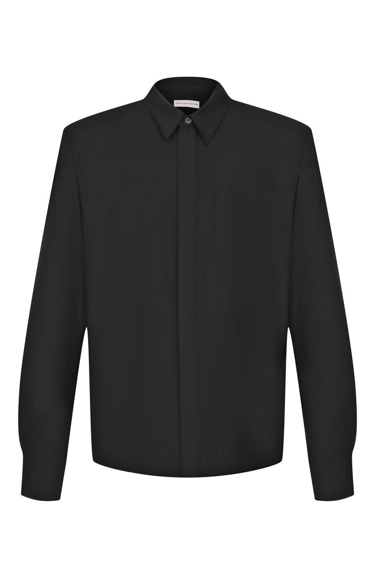 Мужская шерстяная рубашка DRIES VAN NOTEN черного цвета, арт. 251-020708-1310 | Фото 1 (Длина (для топов): Стандартные; Материал внешний: Шерсть; Рукава: Длинные; Принт: Однотонные; Воротник: Кент; Манжеты: На пуговицах; Стили: Кэжуэл; Случай: Повсе�дневный; Автоматизация состава: Проставлено; Автоматизация ТО: Проставлено)