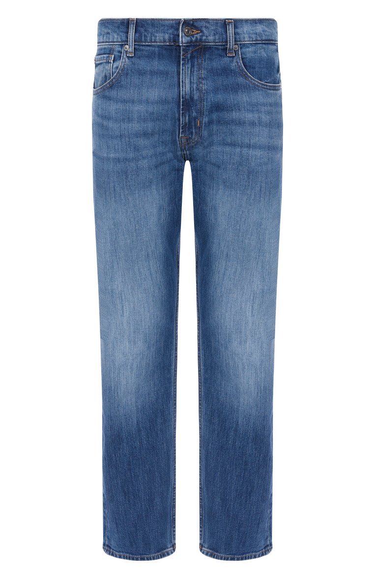 Мужские джинсы straight 7 FOR ALL MANKIND синего цвета, арт. 7T099A56 | Фото 1 (Материал внешний: Хлопок, Деним; Длина (брюки, джинсы): Стандартные; Кросс-КТ: Деним; Детали: Делаве; Силуэт М (брюки): Прямые; Стили: Повседневный; Автоматизация ТО: Проставлено; Автоматизация состава: Проставлено)