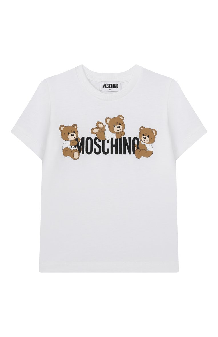 Мужского хлопковая футболка MOSCHINO белого цвета, арт. HUM059/LAA23/4-8 | Фото 1 (Материал внешний: Хлопок; Девочки Кросс-КТ: футболка-одежда; Региональные ограничения белый список (Axapta Mercury): Не проставлено; Нос: Не проставлено; Мальчики Кросс-КТ: Футболка-одежда; Ростовка одежда: 5 лет | 110 см, 6 лет | 116 см, 8 лет | 128 см, 4 года | 104 см)