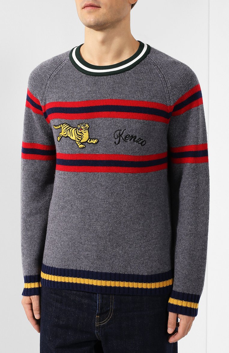 Мужской шерстяной джемпер KENZO светло-серого цвета, арт. F965PU2283DI | Фото 3 (Рукава: Длинные; Мужское Кросс-КТ: Джемперы; Рукава от горловины: Длинные; Материал внешний: Шерсть; Длина (для топов): Стандартные; Статус проверки: Проверено, Проверена категория; Вырез: Круглый; Принт: С принтом; Стили: Кэжуэл)