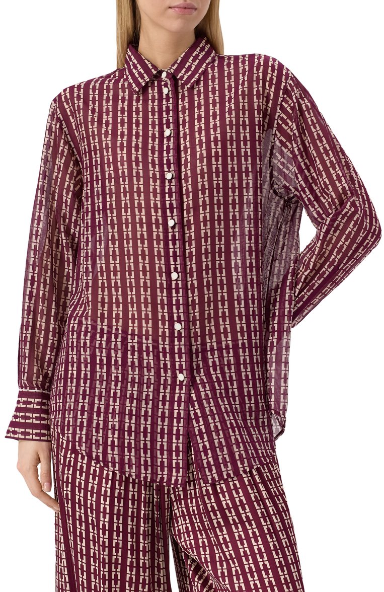 Женская шелковая рубашка FORTE_FORTE бордового цвета, арт. 13629_MY SHIRT | Фото 3 (Длина (для топов): Удлиненные; Материал сплава: Проставлено; Драгоценные камни: Проставлено; Рукава: Длинные; Принт: С принтом; Кросс-КТ: костюм; Женское Кросс-КТ: Рубашка-одежда; Стили: Романтичный; Материал внешний: Шелк)
