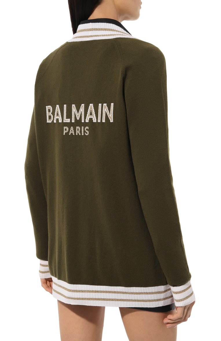 Женский кардиган из шерсти и кашемира BALMAIN хаки цвета, арт. AF1K0000KD97 | Фото 4 (Рукава: Длинные; Длина (для топов): Удлиненные; Материал внешний: Шерсть; Стили: Кэжуэл; Женское Кросс-КТ: кардиган-трикотаж; Застежка: Пуговицы)
