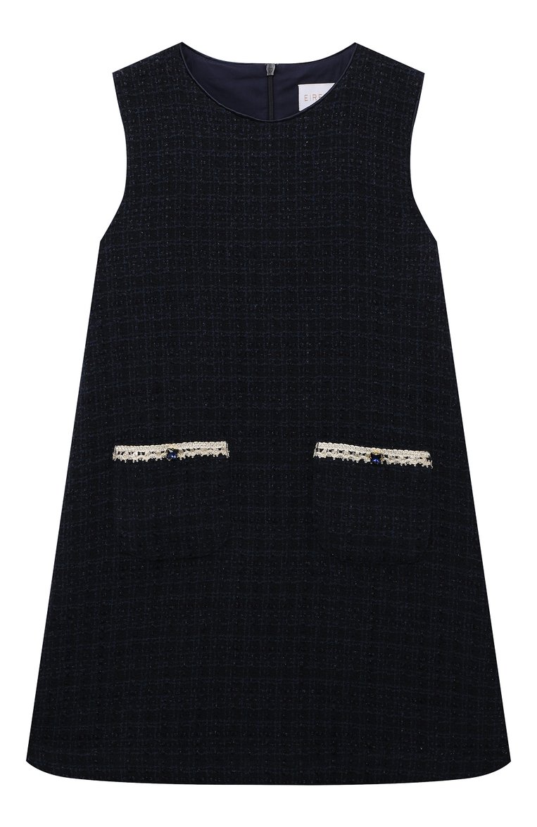 Детское платье EIRENE темно-синего цвета, арт. FW2324121N/9/10A-14/15A | Фото 1 (Драгоценные камни: Проставлено; Материал подклада: Хлопок; Материал внешний: Синтетический материал, Хлопок; Материал сплава: Проставлено; Девочки Кросс-КТ: Платье-одежда; Случай: Повседневный; Рукава: Без рукавов)