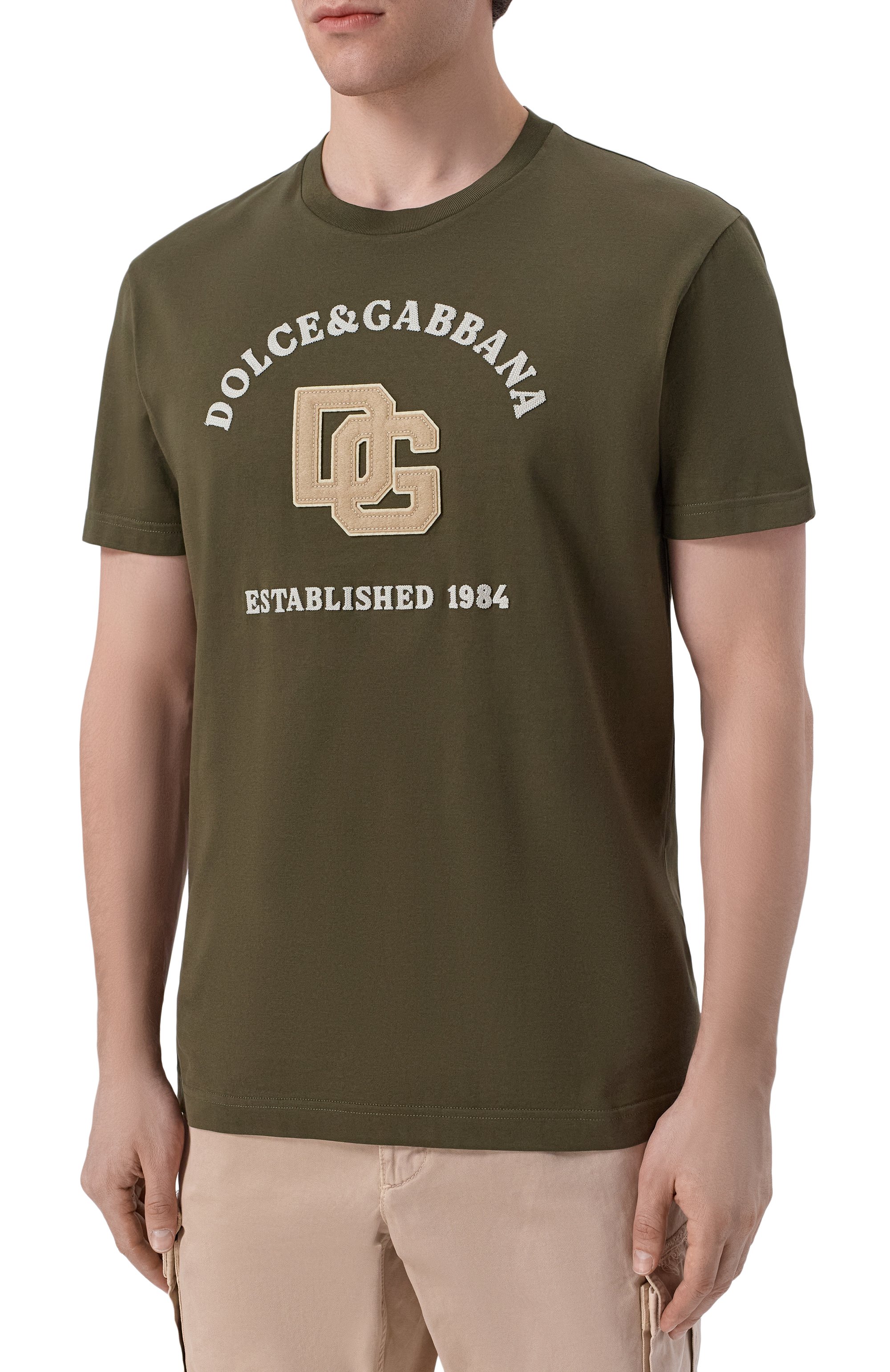 Хлопковая футболка DOLCE & GABBANA хаки цвета по цене 89950 руб., арт. G8RN8Z/G7PPA, фото 3 Хлопковая футболка DOLCE & GABBANA, арт. G8RN8Z/G7PPA, фото 3