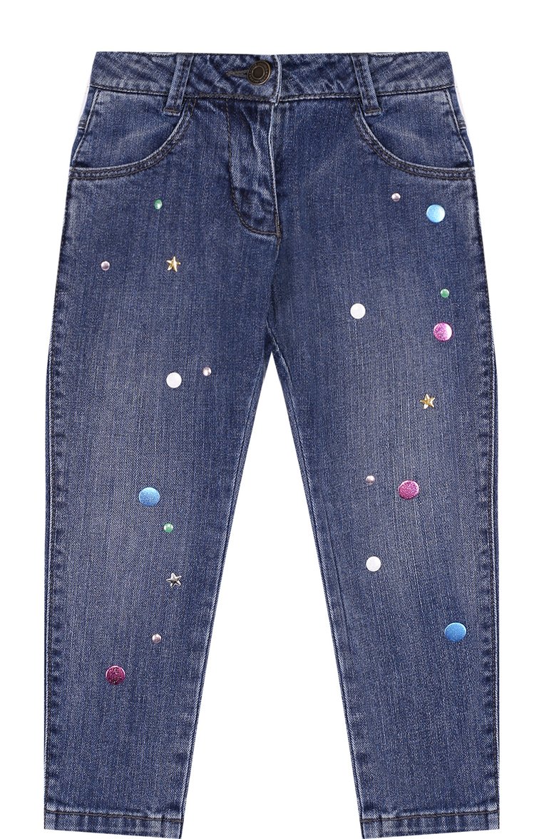 Детские джинсы с металлизированной отделкой MARC JACOBS (THE) синего цвета, арт. W14189/6A-12A | Фото 1 (Материал внешний: Хлопок; Статус проверки: Проверено; Кросс-КТ: джинсы; Детали: Потертости, Декор; Материал сплава: Проставлено, Проверено; Нос: Не проставлено; Ростовка одежда: 9 лет | 134 см, 12 лет | 152 см, 5 лет | 110 см, 7 лет | 122 см)