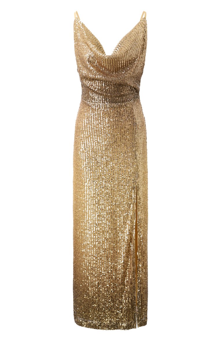 Женское платье с отделкой пайетками IN THE MOOD FOR LOVE золотого цвета, арт. RS2500100003 | Фото 1 (Длина Ж (юбки, платья, шорты): Миди; Драгоценные камни: Проставлено; Материал сплава: Проставлено; Женское Кросс-КТ: Платье-одежда; Случай: Вечерний; Рукава: На бретелях; Стили: Гламурный; Материал внешний: Синтетический материал)