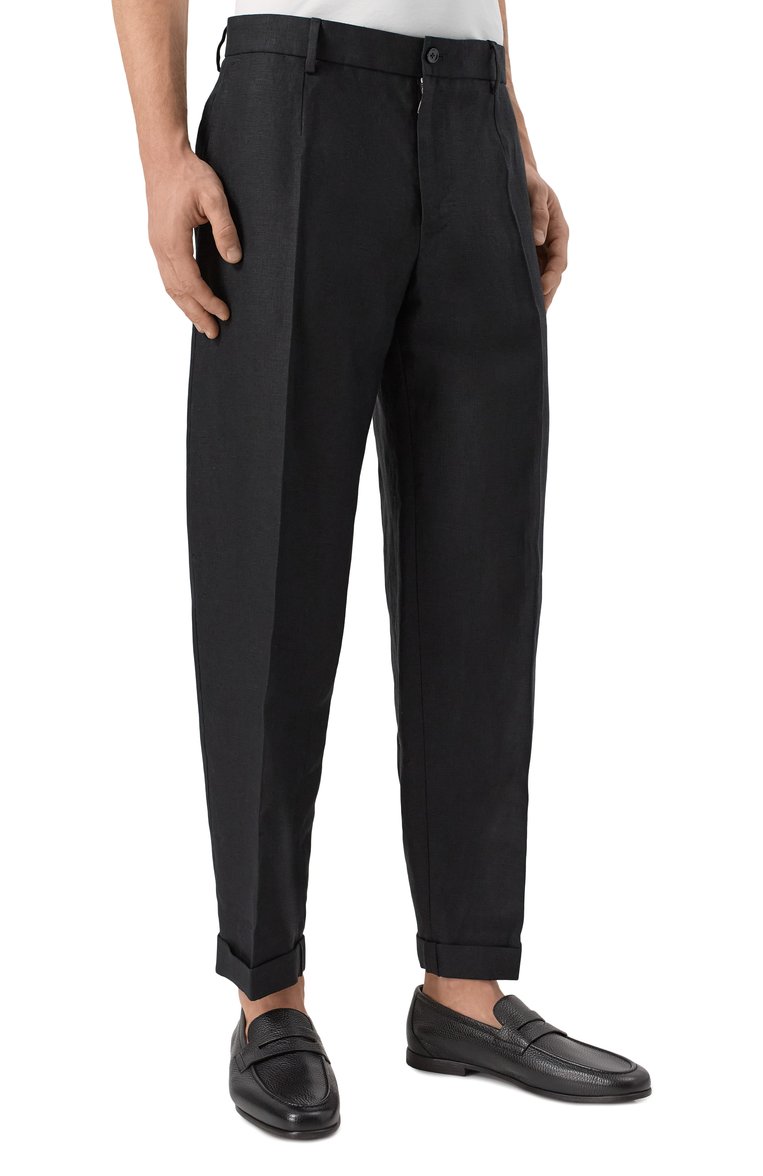 Мужские льняные брюки DOLCE & GABBANA черного цвета, арт. GP11XT/FU4MC | Фото 3 (Длина (брюки, джинсы): Стандартные; Материал внешний: Лен; Случай: Повседневный, Формальный; Стили: Кэжуэл; Автоматизация ТО: Проставлено; Автоматизация состава: Проставлено)